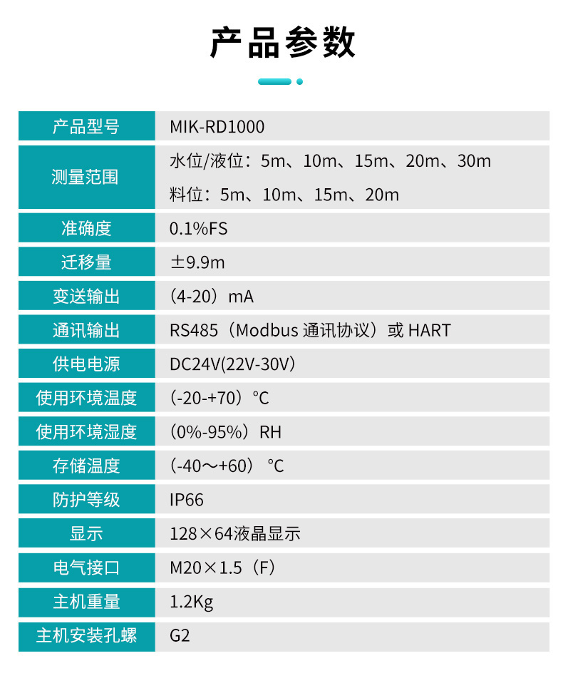 80G高频雷达物位计产品参数