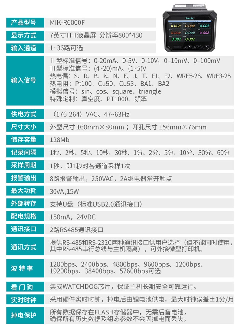 米科MIK-R6000F无纸记录仪产品参数